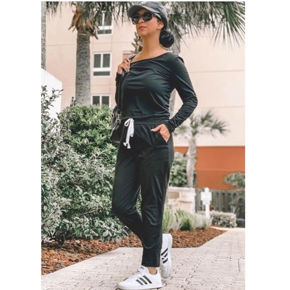 Rouge! | Pants & Jumpsuits | Off Shoulder Contrast Drawstring Black ...